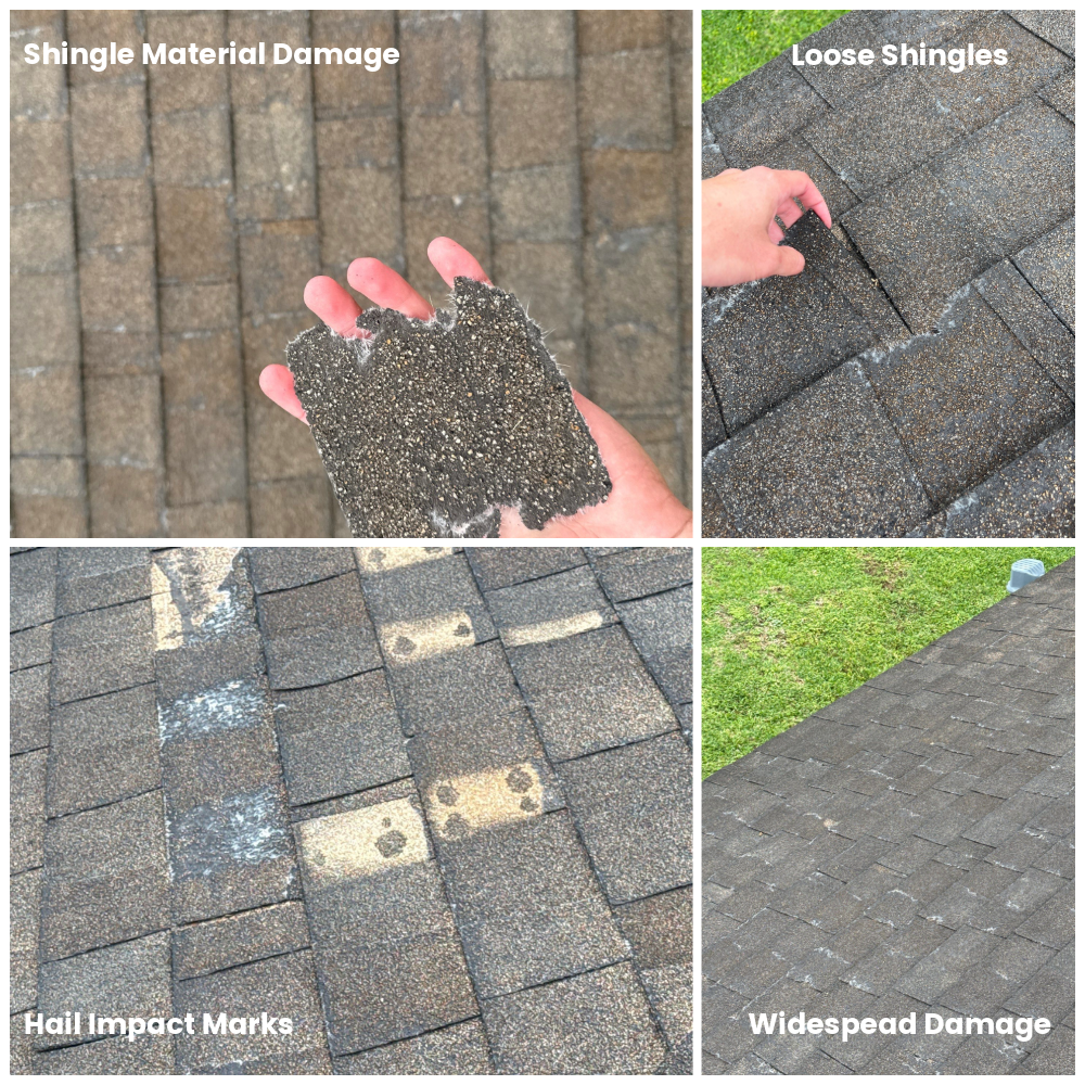 Collage showing hail damage signs on a Texas roof including impact marks, loose shingles, and granule loss