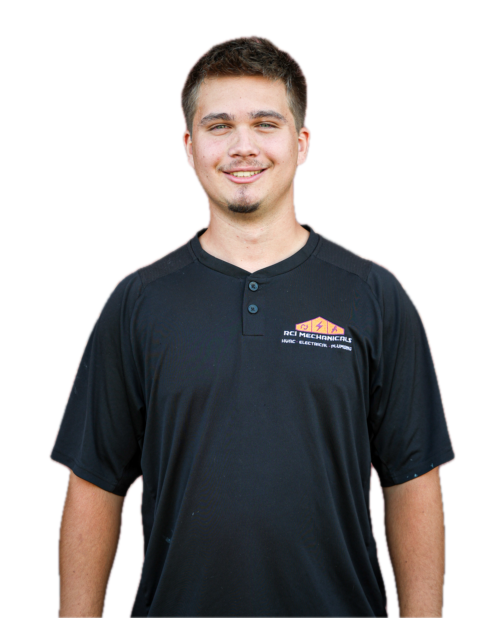 A young man with short brown hair, blue eyes, and light skin, smiling and wearing a black sports shirt with a logo on the chest that reads 'RCI Mechanical HVAC Electrical Plumbing.'