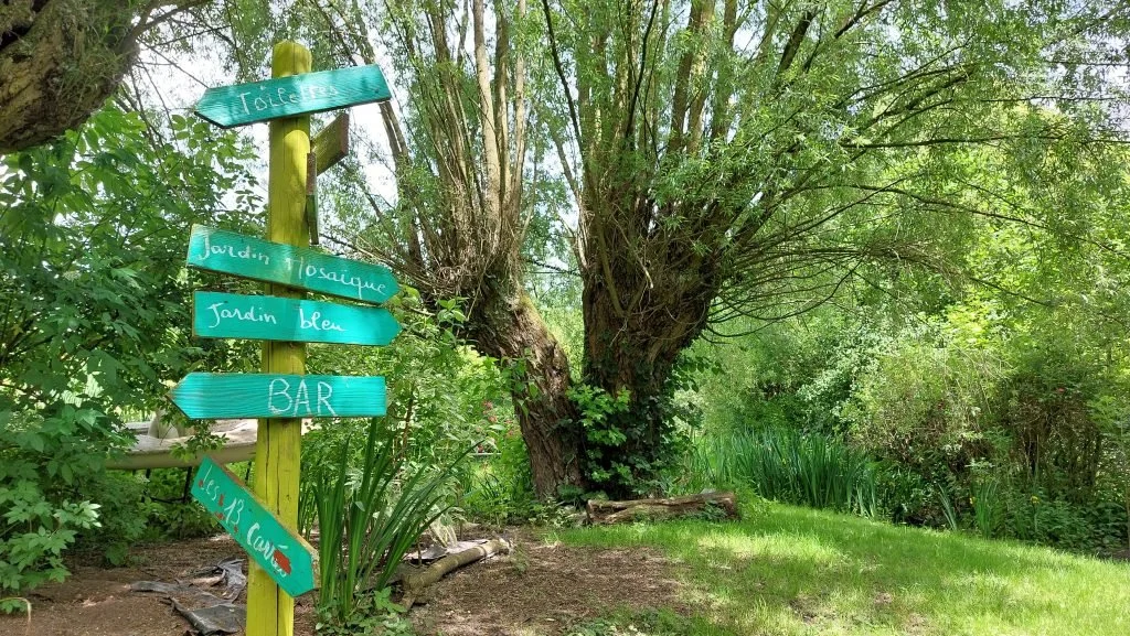 Colorful wooden signpost with signs in French pointing to various garden-related destinations, situated in a lush green garden with a large tree and dense foliage.