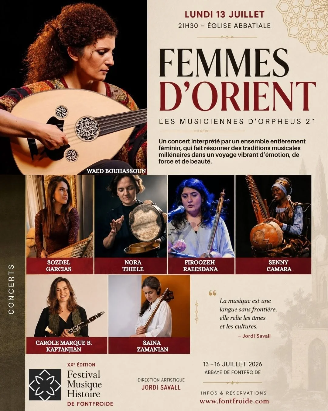 Poster for a concert titled Femmes d'Orient featuring women musicians performing traditional music. Looks like a photograph of a woman playing a stringed instrument, with pictures of five other women musicians below. The event is scheduled for July 13-16, 2026, at Abbaye de Fontfroide, with artistic direction by Jordi Savall.