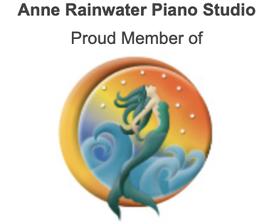 Logo of Anne Rainwater Piano Studio featuring a mermaid sitting on a wave with a colorful rainbow background.