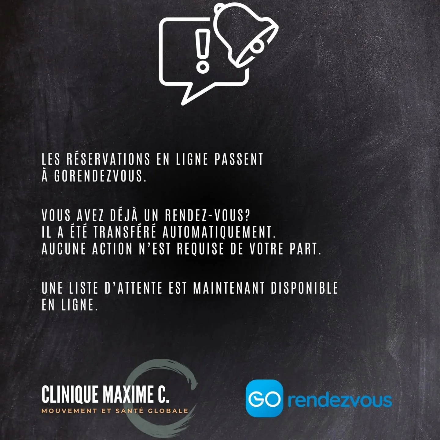 La prise de rendez-vous en ligne passe &agrave; Gorendezvous.

Le changement de plateforme &eacute;tait n&eacute;cessaire pour soutenir la croissance de la clinique.

Vous aviez d&eacute;j&agrave; un rendez-vous? Il a &eacute;t&eacute; transf&eacute;
