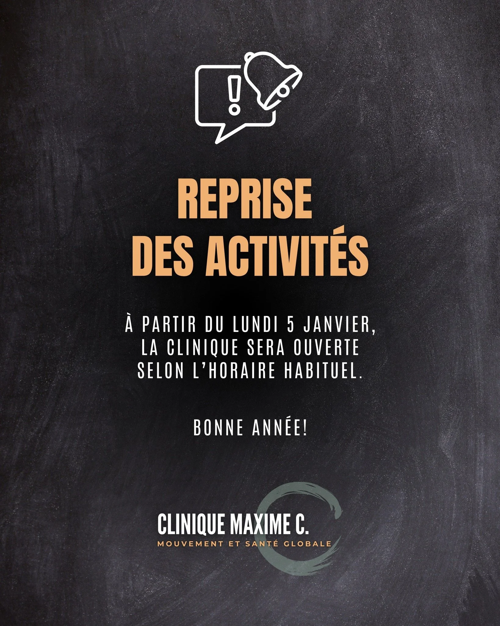 &Agrave; partir du lundi 5 janvier, la clinique sera ouverte selon l'horaire habituel.

Bonne ann&eacute;e ;)