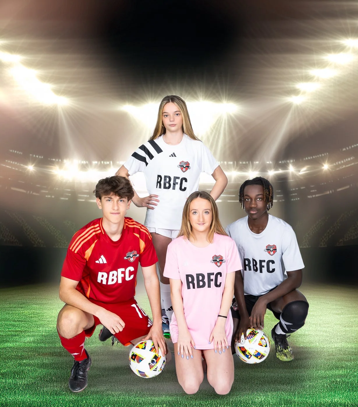 Group of four young soccer players in sports uniforms on a soccer field in a stadium with bright lights overhead. Two are kneeling with soccer balls, two are standing behind them with hands on hips.