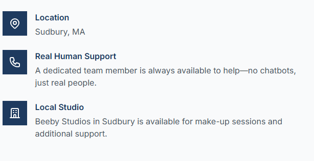 Information about a studio located in Sudbury, MA, with details on real human support and studio services.