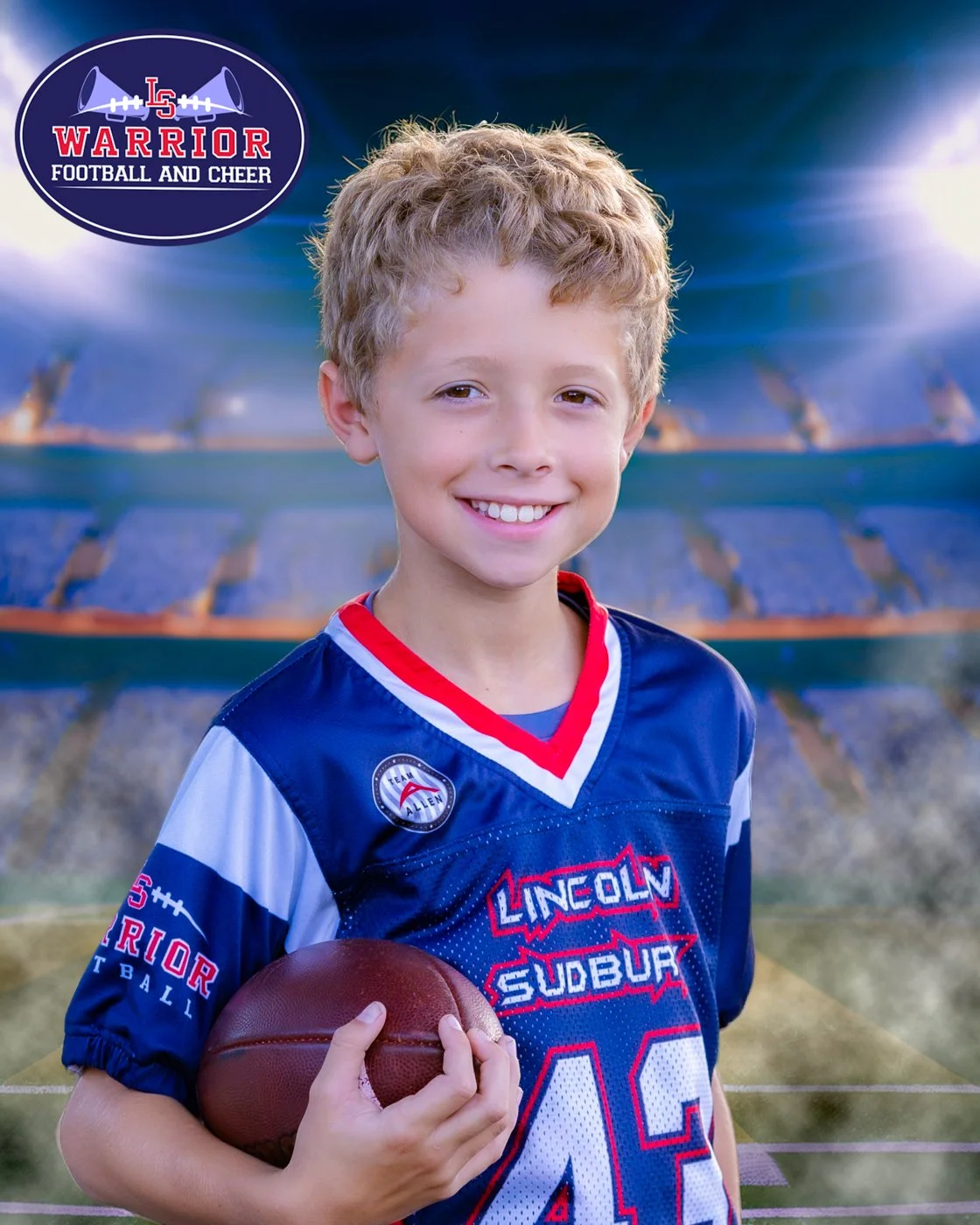 Young boy smiling, wearing a blue football jersey with red and white accents, holding a football, football stadium background, logos of Lincoln and Sudbury, and a banner with LS Warrior Football and Cheer.