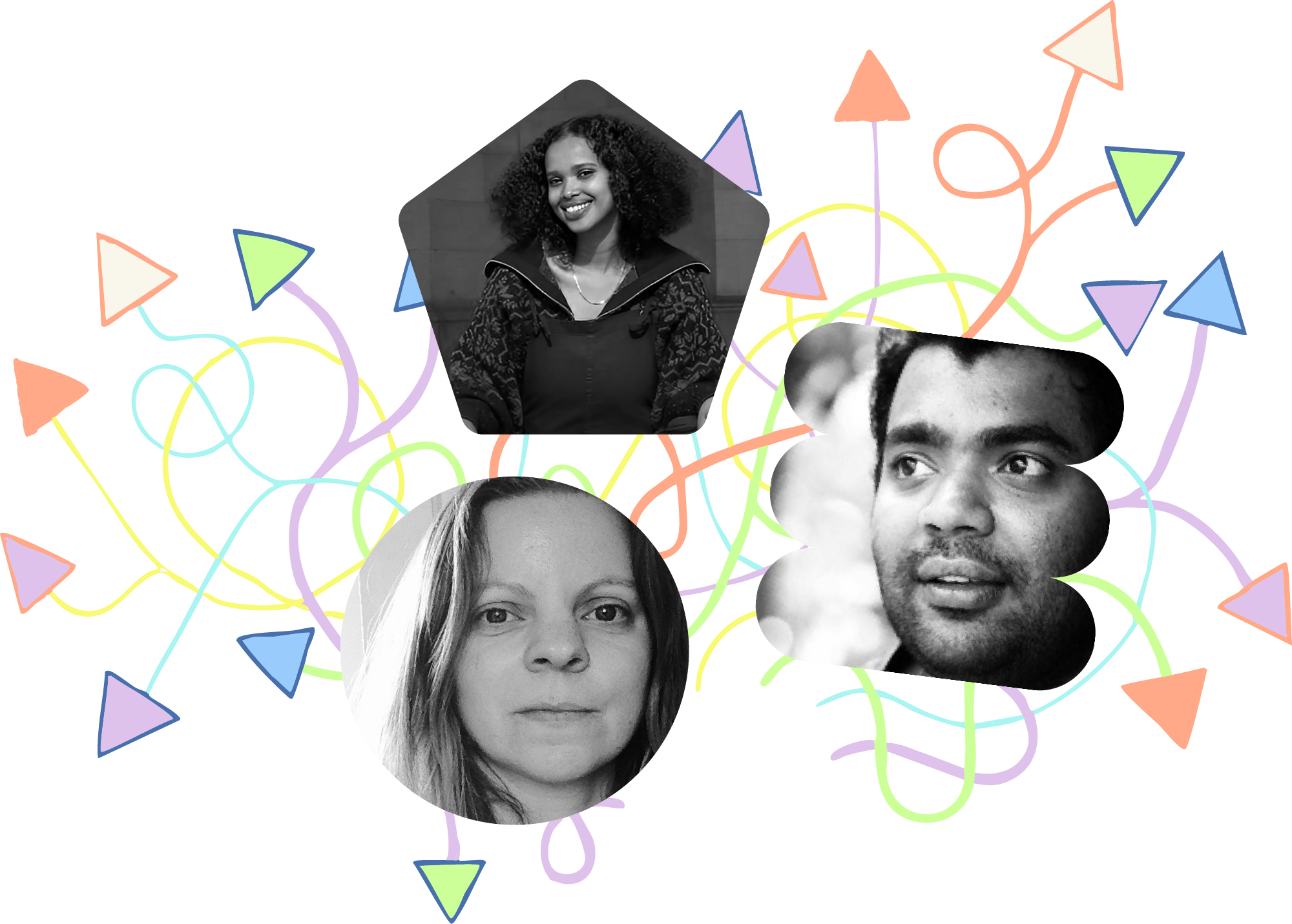 Collage of four black and white portraits of diverse individuals, with colorful abstract shapes in the background.