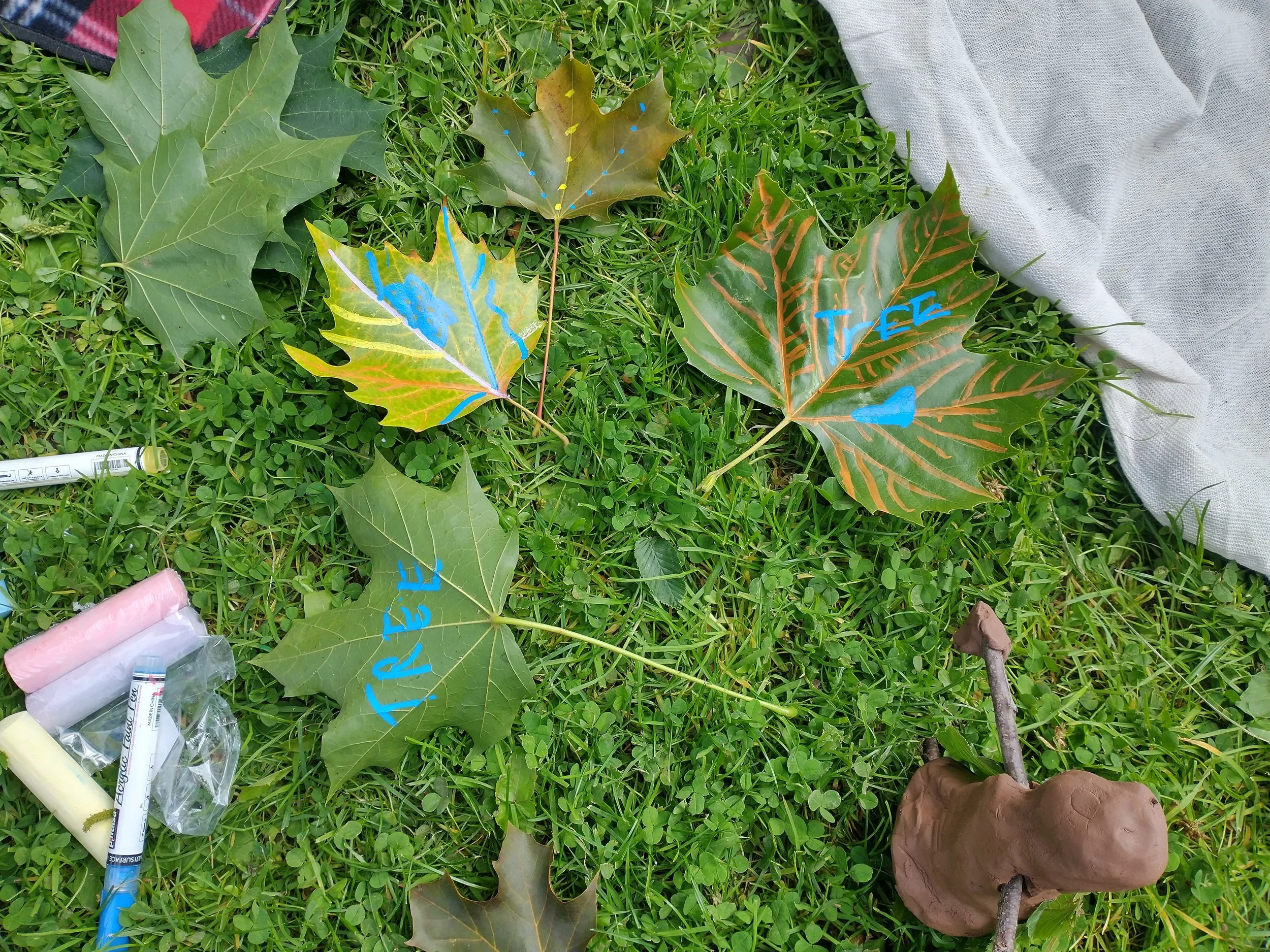 Several large autumn leaves with blue painted markings and words, placed on green grass. A gray cloth is partially visible on the right, and some chalks and a clay-like object are in the lower left and right corners.
