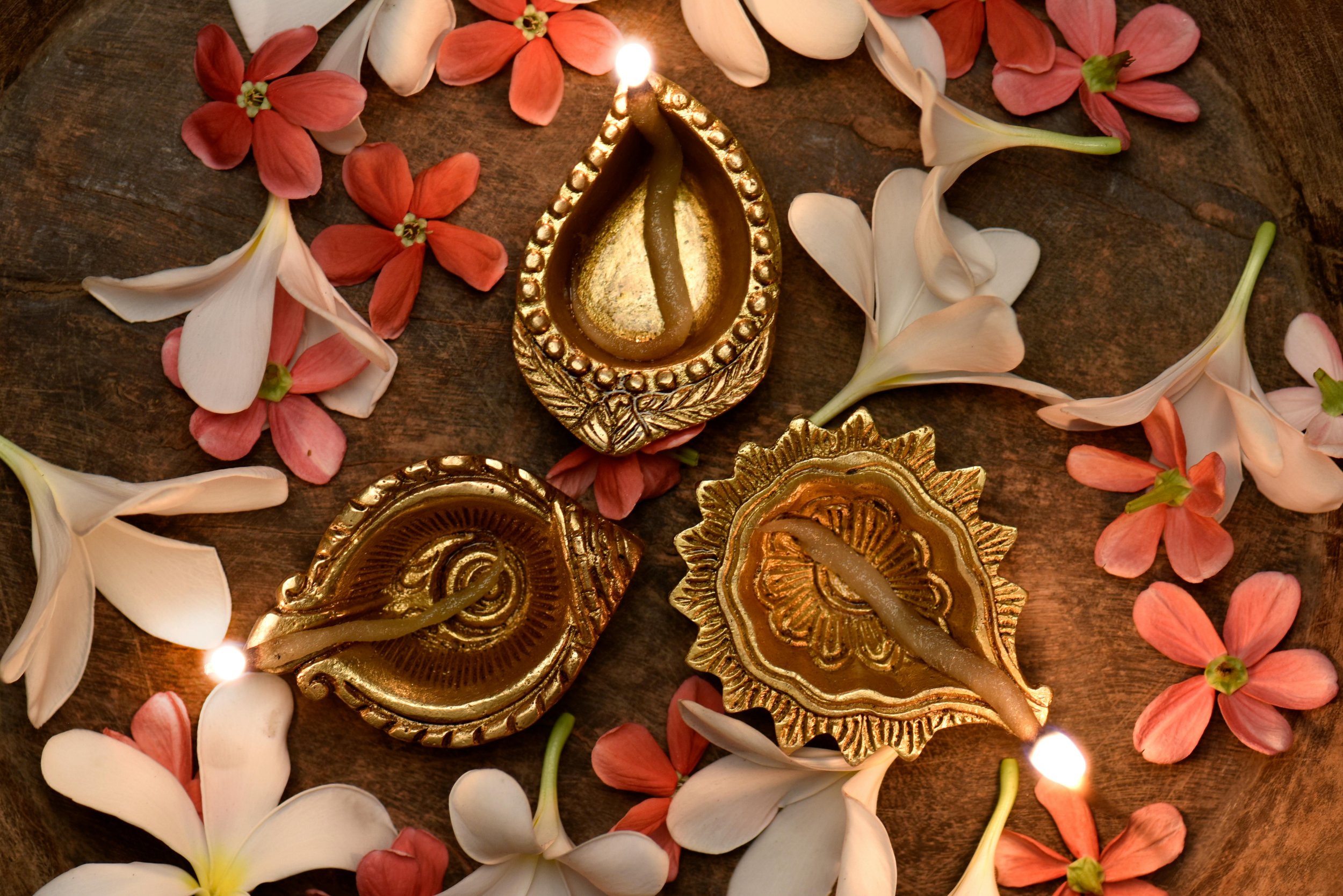 Decorative oil lamps surrounded by white and pink flower petals on a wooden surface, used for a festive celebration.