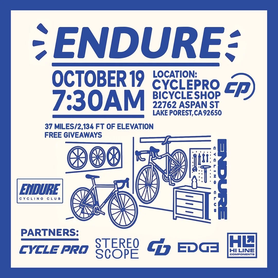 ENDURE CC x CyclePro Ride &ndash; Sunday, October 19th

Come ride with us for a morning of good vibes, great people, and the joy of being on the bike. We&rsquo;ll roll out from CyclePro Bicycle Service Store and enjoy the roads together.

Meet-Up: 7: