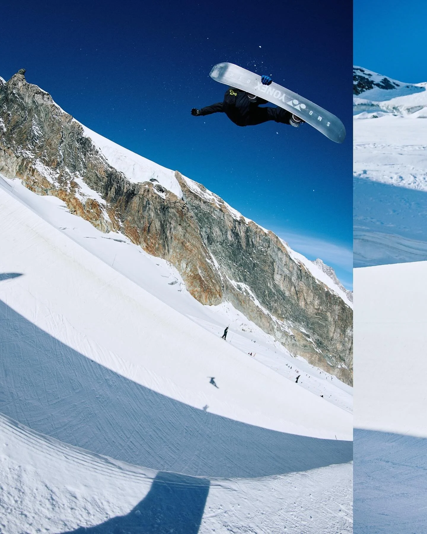 Don&rsquo;t get much better than this ☀️☀️☀️ @thestompinggroundspark has been goin&rsquo; off! 

📸: @jozzzeph.roby 

#snowboarding #dropnext #swiss #glacier #halfpipe