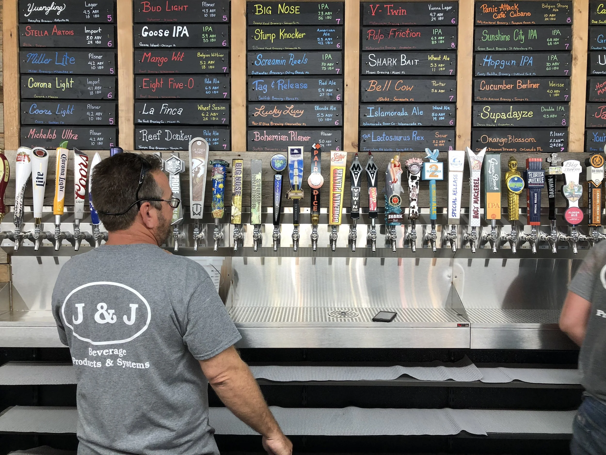A person wearing a gray T-shirt with J & J logo printing. Behind him, a display of various beer taps is visible, with a large blackboard menu listing different craft beers and their details.