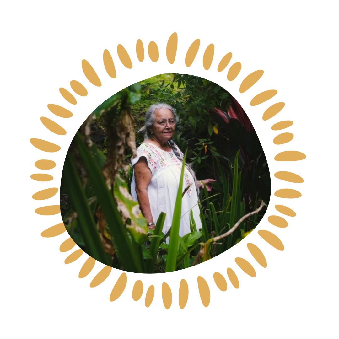 An elderly woman standing among green plants outdoors.