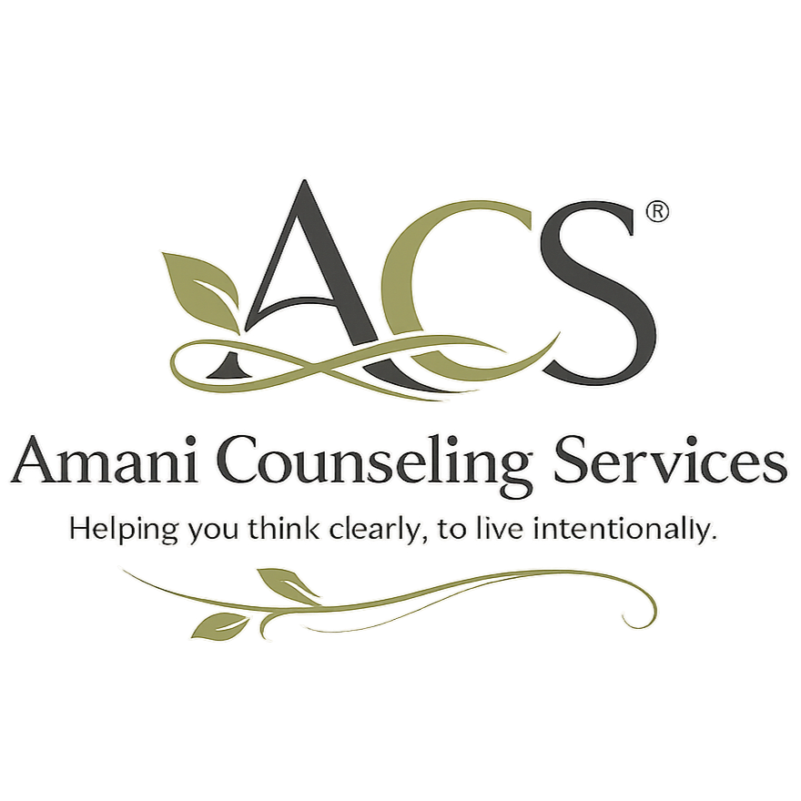 Logo for Amani Counseling Services with gold and gray lettering, leaf accents, and the tagline "Helping you think clearly, to live intentionally."