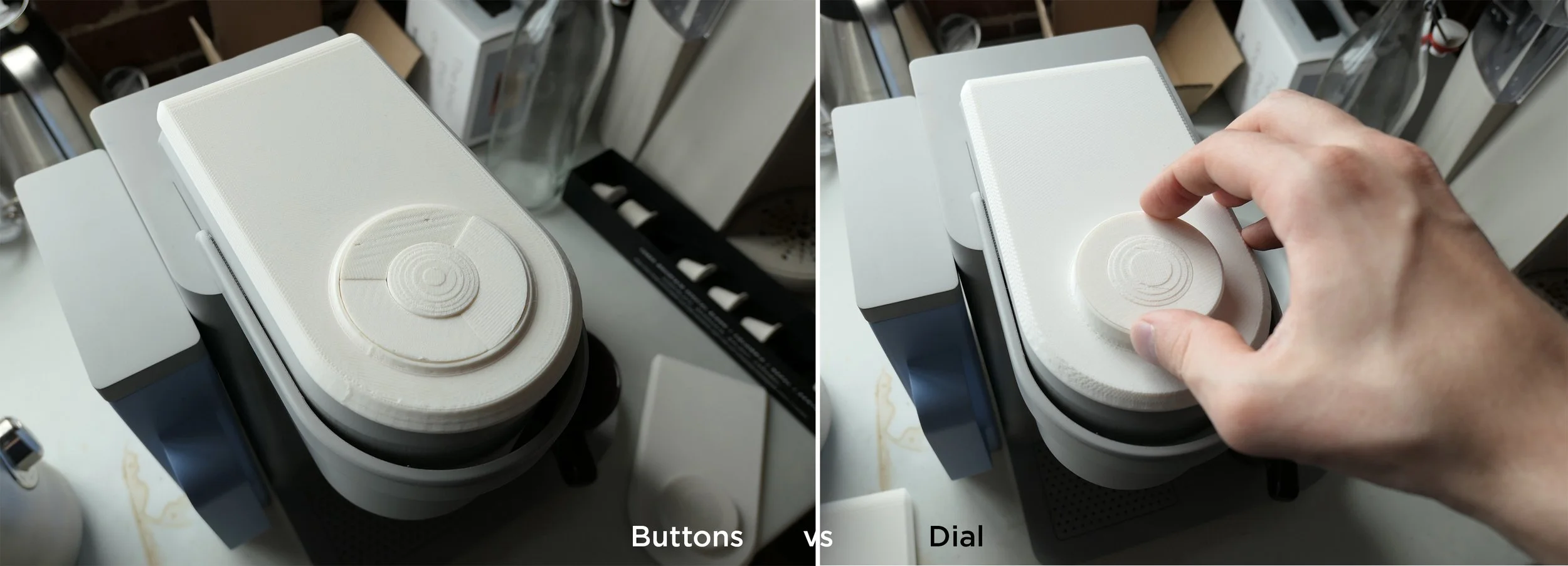 Comparison of a rotary phone with a circular dial and a modern touchscreen phone with buttons, showing the dial being operated by a hand.