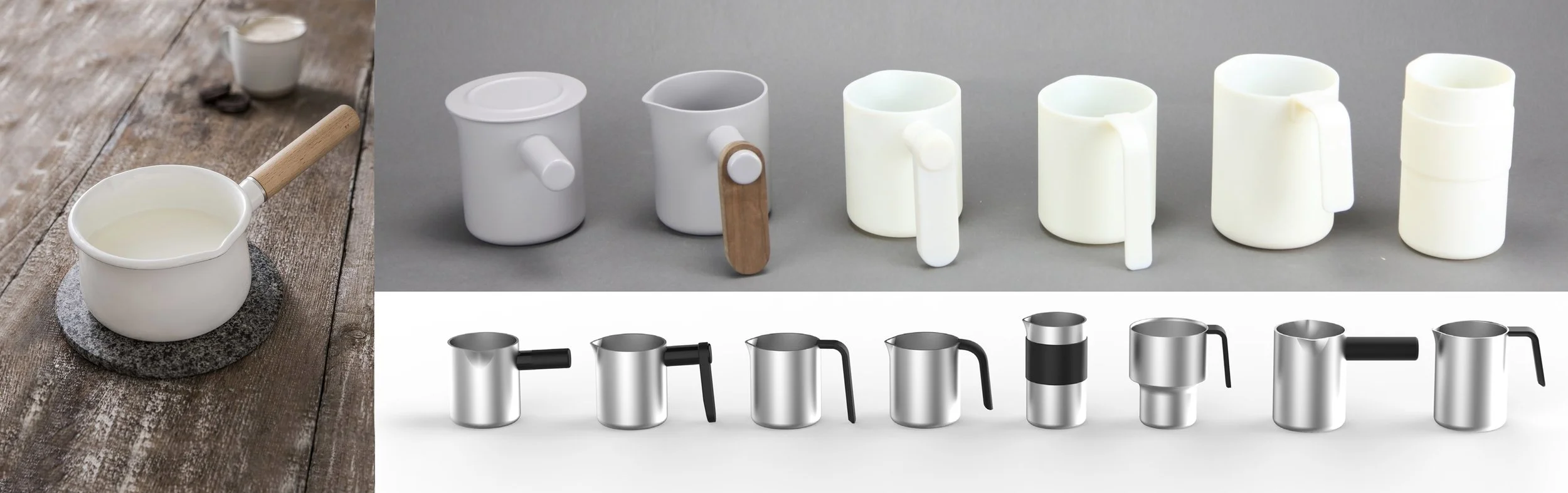 Various styles of milk frothing pitchers and milk jugs, arranged on a surface for coffee preparation.