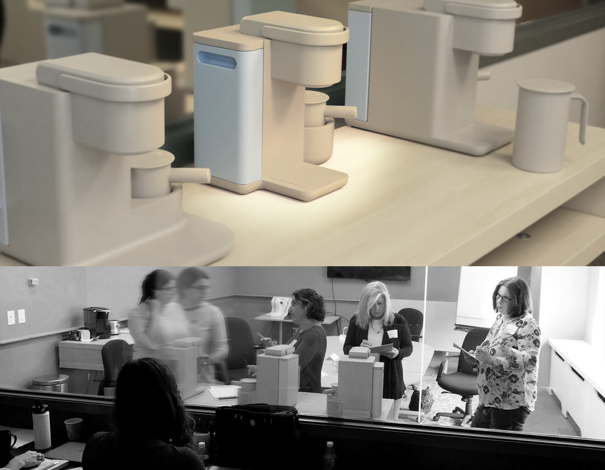 Top: Close-up of three white coffee or hot water dispensers on a light-colored table. Bottom: Black-and-white photo of a conference room with five women, some blurred, behind a glass window, and others standing or sitting, one woman wearing glasses and holding notes.
