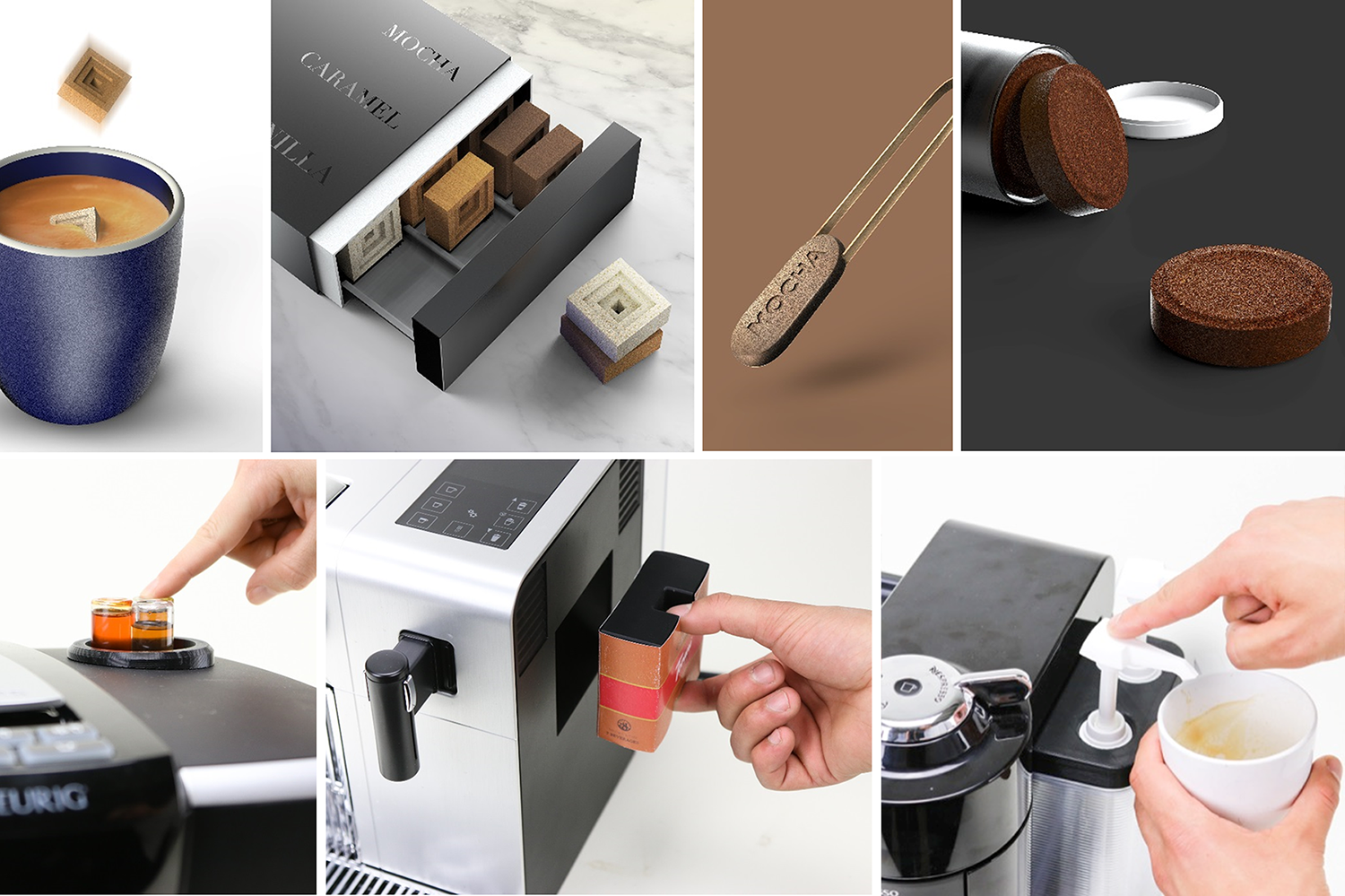 Collection of coffee and coffee-related items, including coffee capsules, coffee flavoring pods, different varieties of coffee extracts, coffee beans, a coffee brewing machine, and coffee cups being prepared.