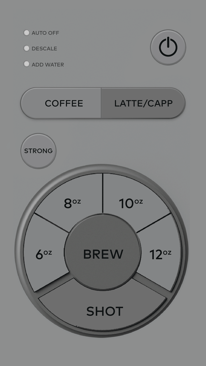Keurig K-Café’s control panel with options for adjusting settings, including buttons for coffee or latte/cappuccino, a strong coffee button, an ON/OFF switch, and water level controls, with a dial to select coffee size between 6, 8, 10, and 12 ounces