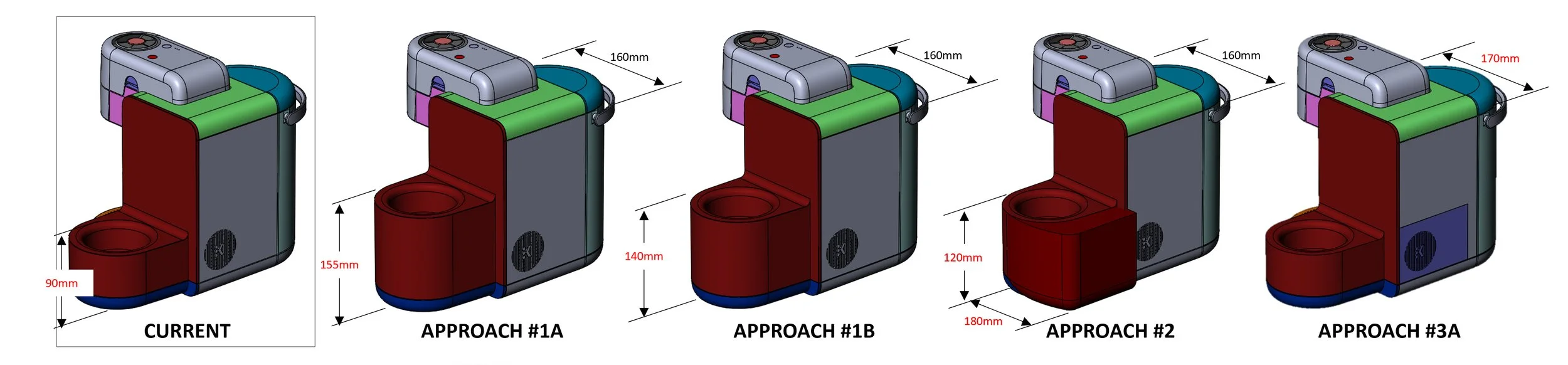 Concept iterations exploring compact product form factors and dimensional trade-offs with increased frother height. Evaluating aesthetic impact to overal brewer design.
