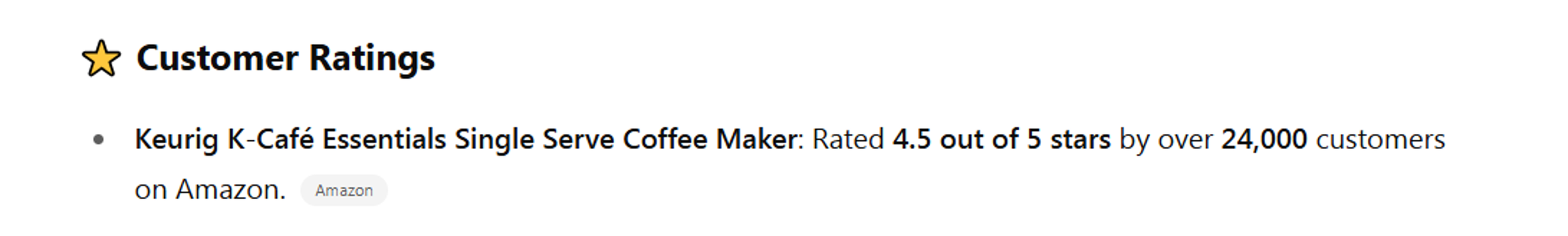 Customer ratings section showing a star icon, the title 'Customer Ratings' in bold, and a review for Keurig K-Café Essentials Single Serve Coffee Maker, rated 4.5 out of 5 stars by over 24,000 customers on Amazon.