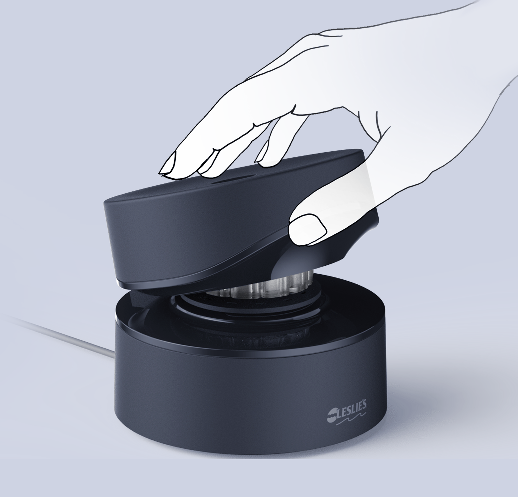 Leslie's AccuBlue Home design opening up lid to access reagent disk