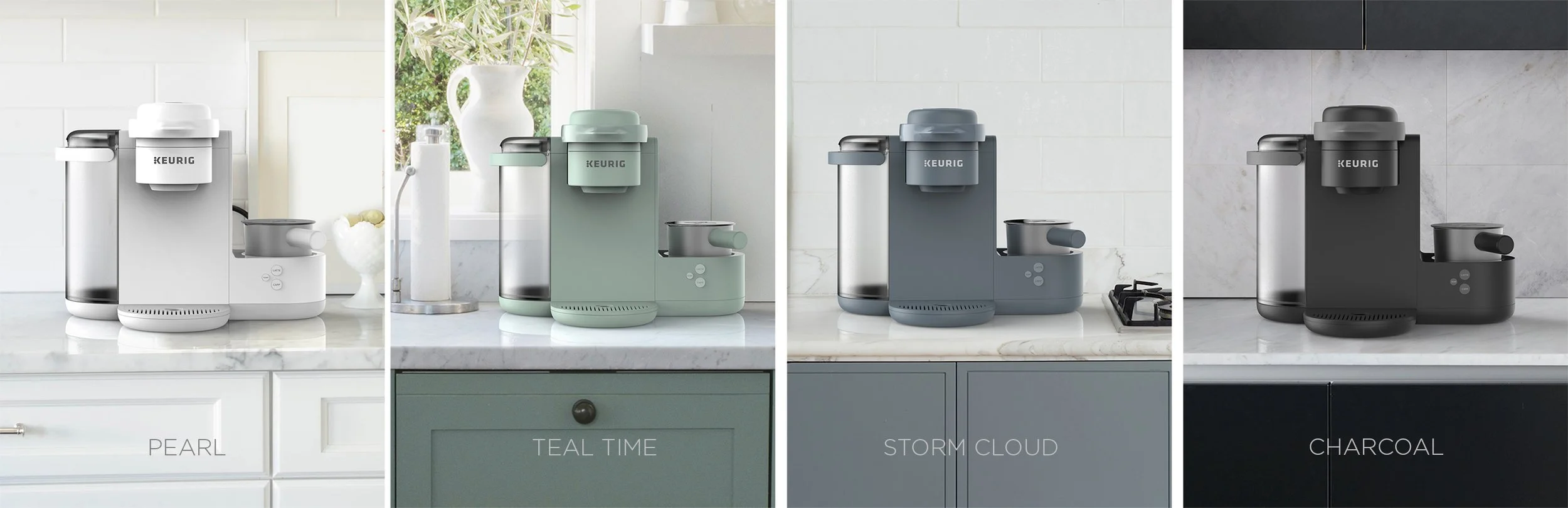 Four Keurig coffee makers in different colors, each with a matching mug, displayed on kitchen counters with labeled background colors: Pearl, Teal Time, Storm Cloud, and Charcoal.