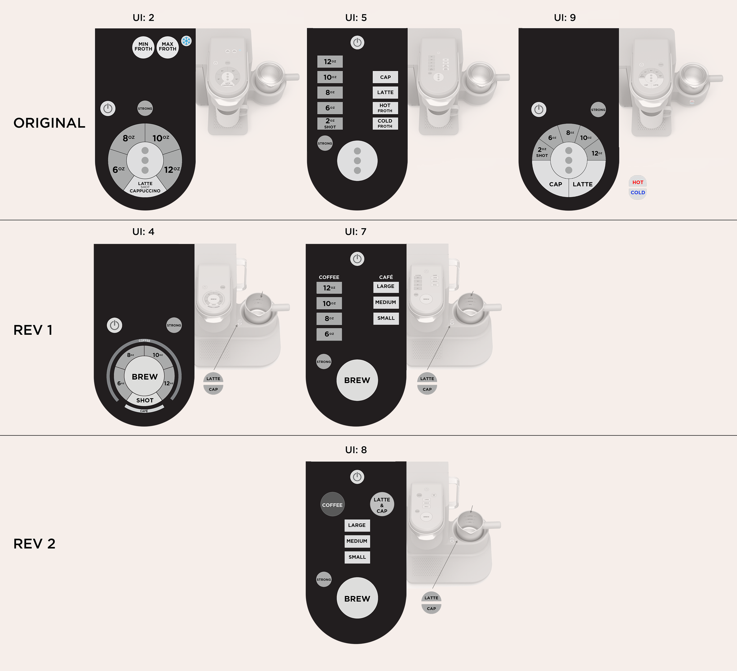 Comparison of different control panel designs for coffee machines, from top to bottom: Original, REV 1, and REV 2, showing various buttons, dials, and labels for brewing options.