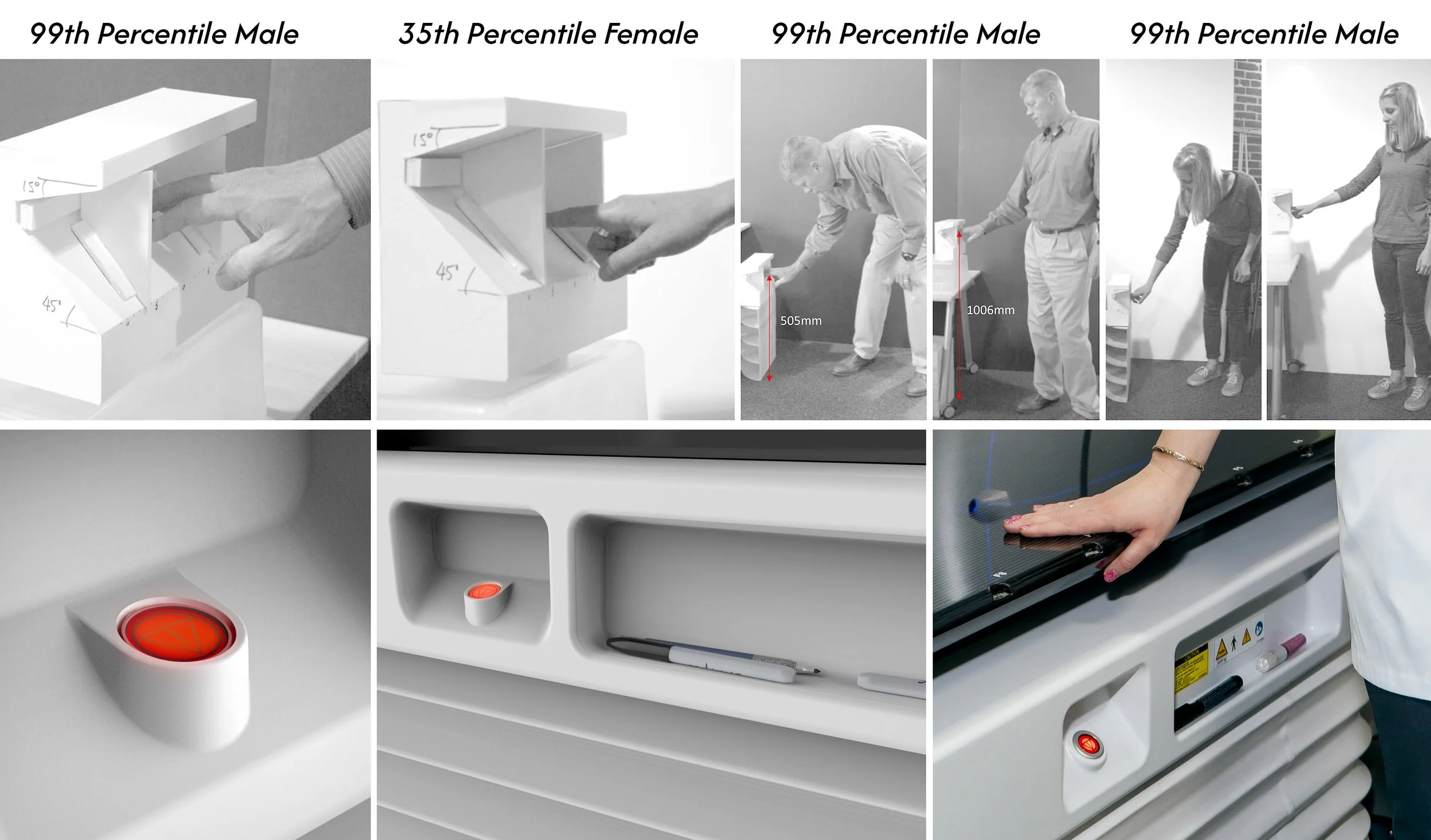 Validated E-stop placement, button angle, and cubby sizing through mockups tested across 33–99% percentile users