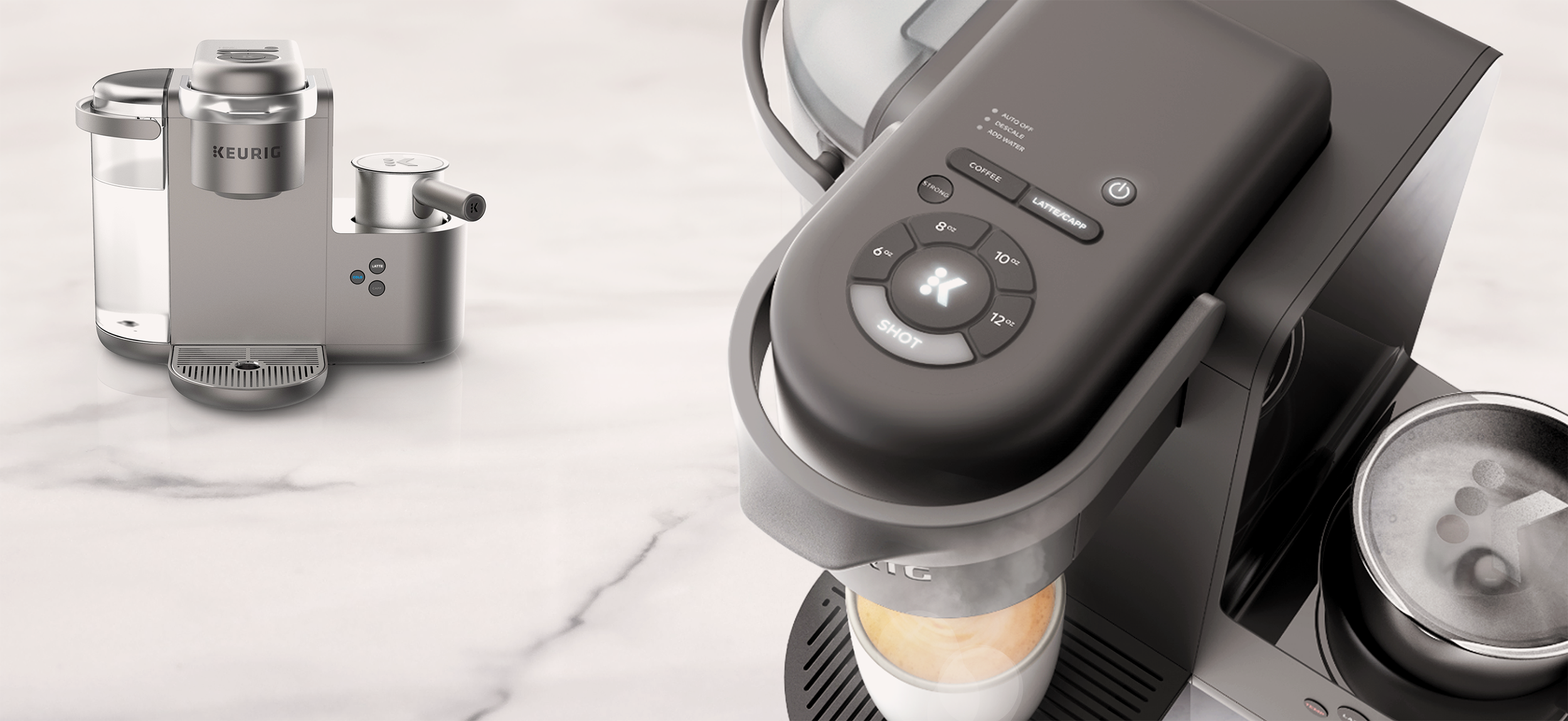 Keurig K-Cafe coffee machine with milk frother and UI  button layout demonstrating easy to use and navigate UI
