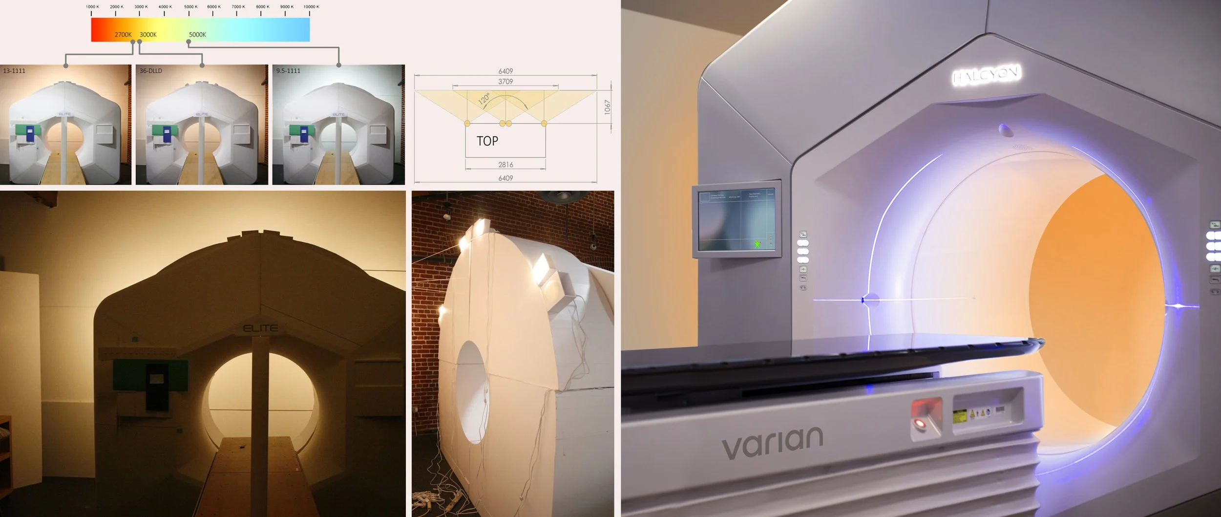 The team tested LED floodlight setups—tuning quantity, angle, placement, brightness, and color for varian halcyon's radiotherapy system