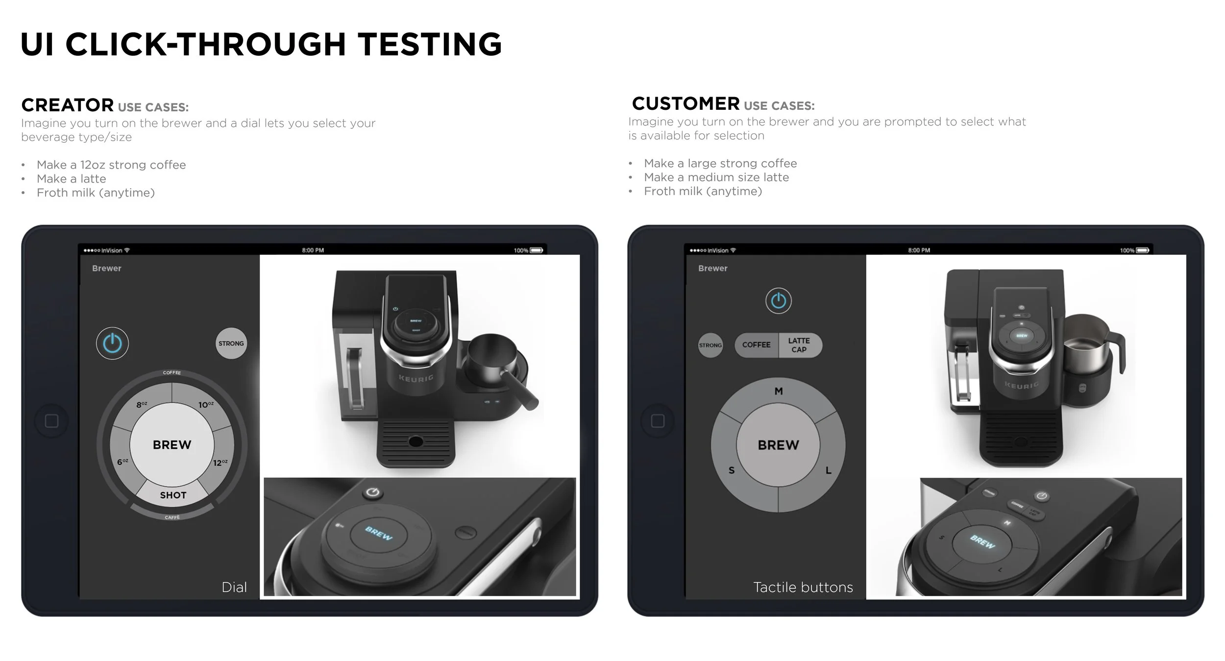 Comparison of UI interfaces for a coffee brewing app on two tablets, showing different control options for creator and customer modes.