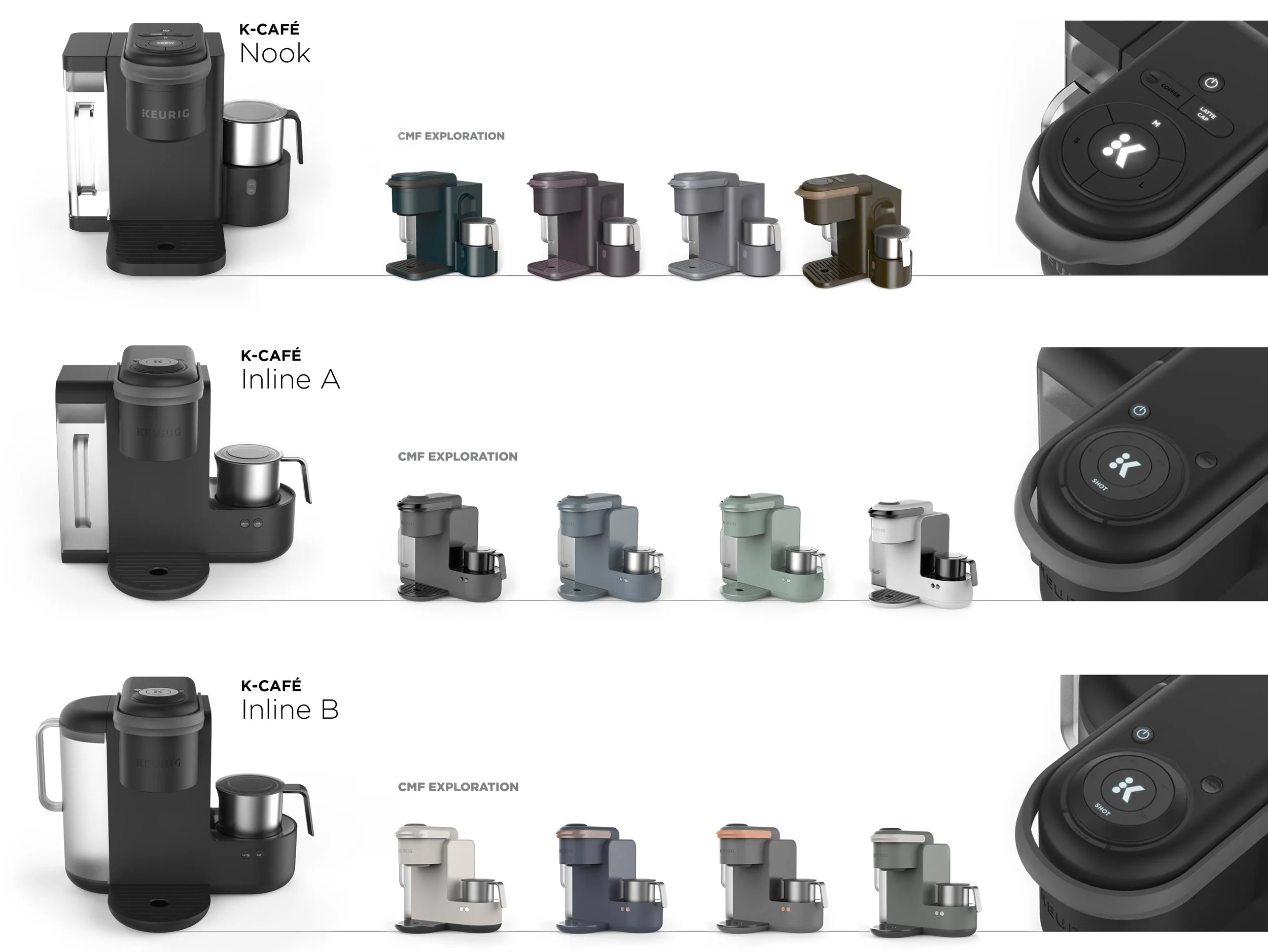 Comparison of three different models of K-CAFÉ coffee machines, K-Café Nook, Inline A, and Inline B, each with multiple color options and close-up shots of the control panels.