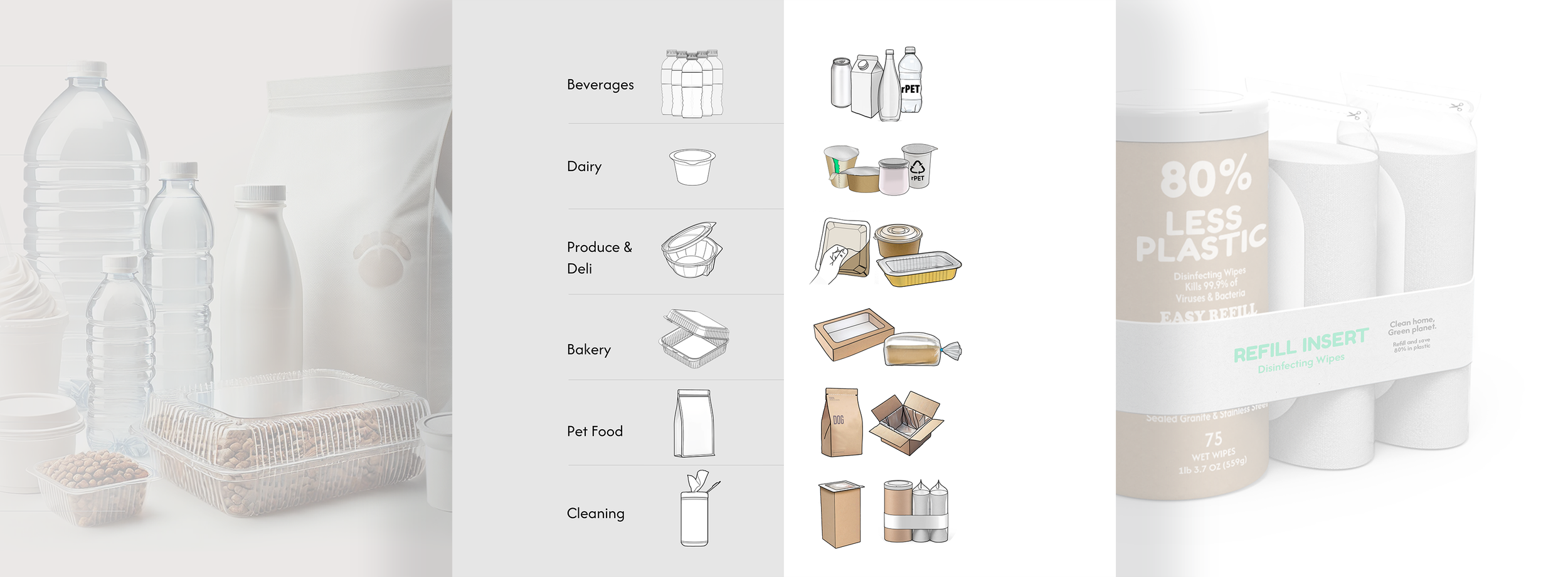 A visual transition from single-use, high-plastic packaging to scalable low- and no-plastic formats validated through lifecycle analysis and trade-off scorecards.