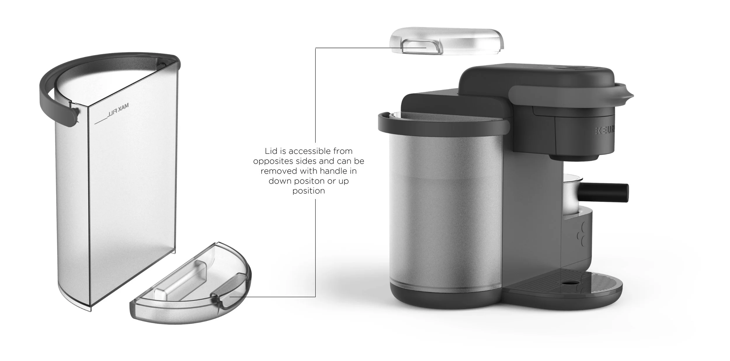 Improved ergonomics for cold water tank with removable water filter and dual-access lid for easier maintenance.