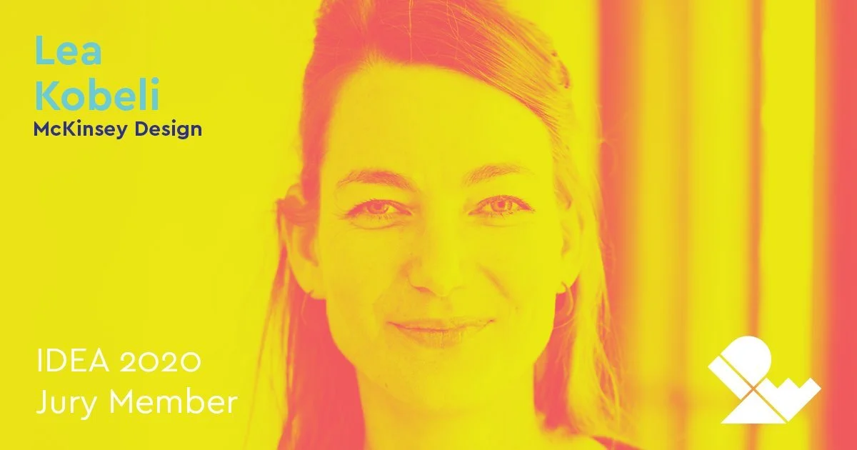 A woman with shoulder-length hair smiling, with a yellow and pink color overlay. Text on the image includes "Lea Kobeli, McKinsey Design, IDEA 2020, Jury Member," and a white geometric logo in the bottom right corner.