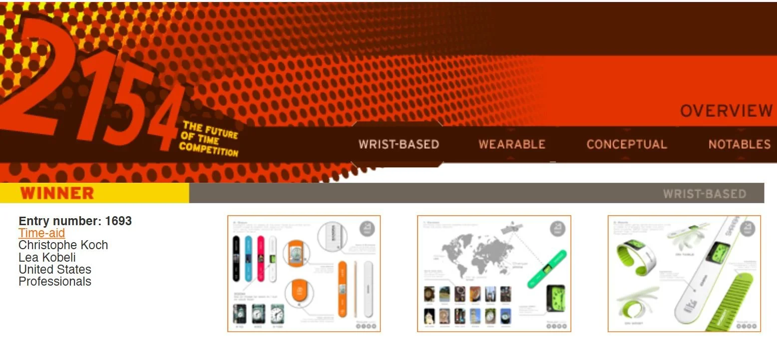 A digital graphic design showcasing a futuristic wearable wrist-based device competition with a winner announcement. The design features a red, black, and orange color scheme with bold text and product images, highlighting the winning entry by Christophe Koch and Lea Kobeli from the United States.