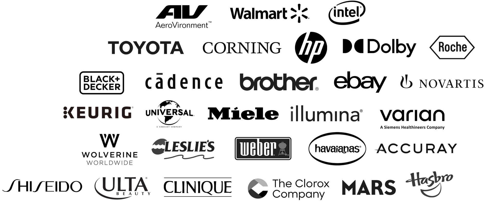A collection of various company logos, including brands like Toyota, Intel, HP, eBay, Siemens Healthineers, and Hasbro, that Lea Kobeli / Lea Köbeli has worked with in her career