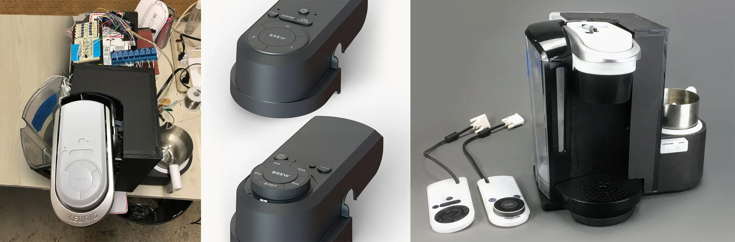 Multiple images of robotic coffee makers and their components, including remote controls, internal mechanisms, and brewing units.