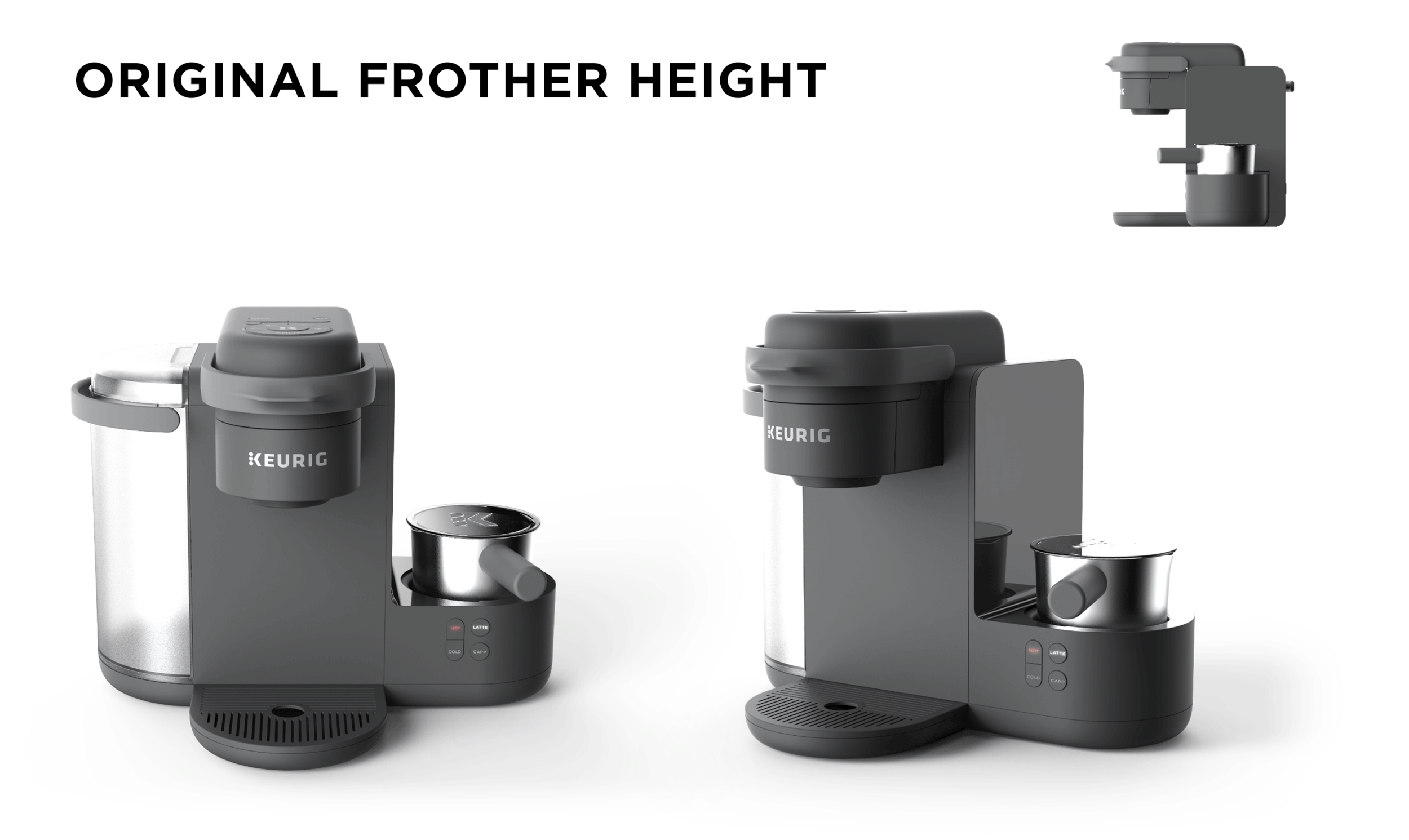 Keurig design iteration optimizing frother height for improved modularity avoiding future tool changes.