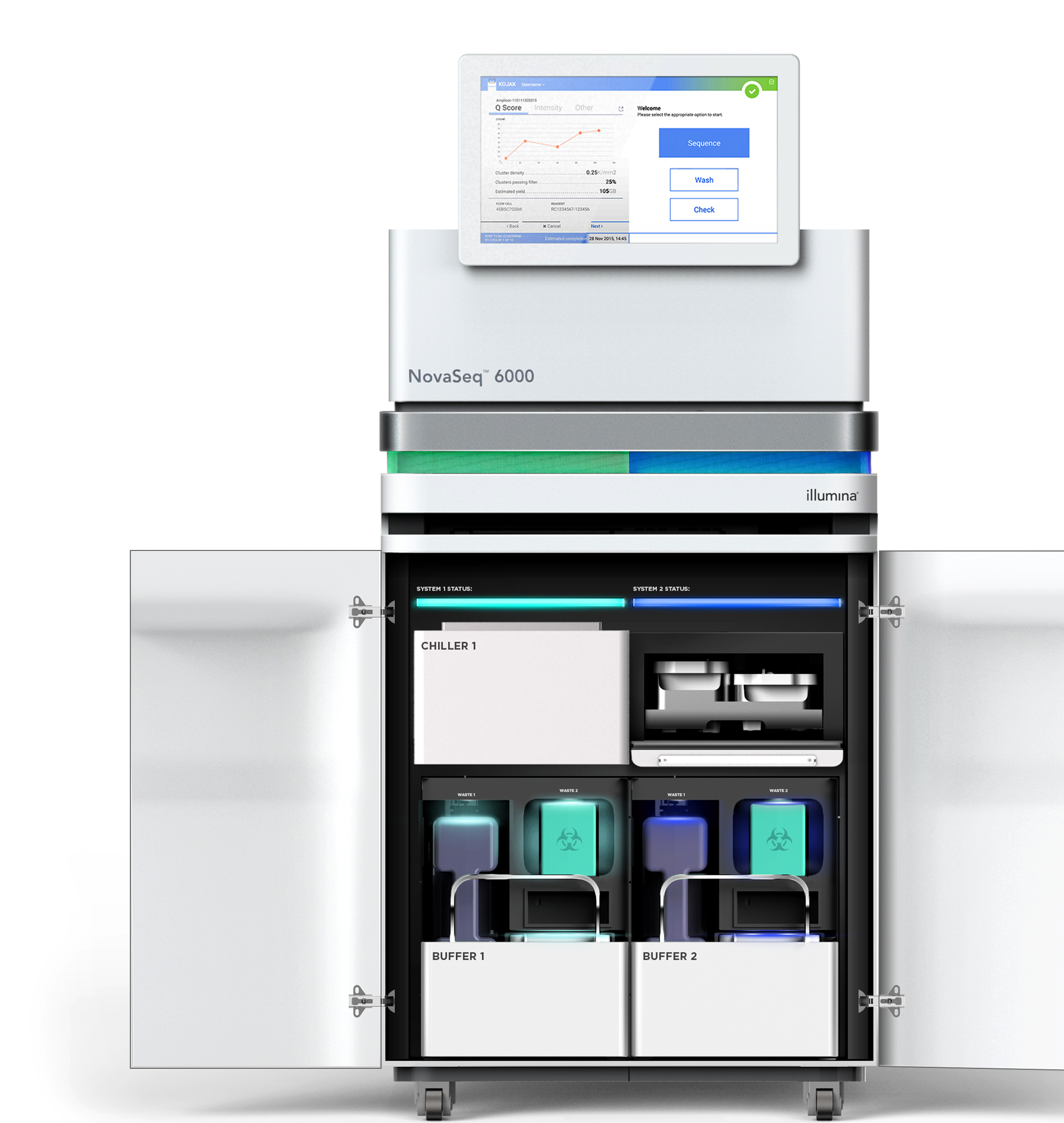 Looking under the hood of Illumina NovaSeq 6 genome's sequencer with neatly organized and stored buffers and waste containers, used for DNA sequencing or genomic analysis.