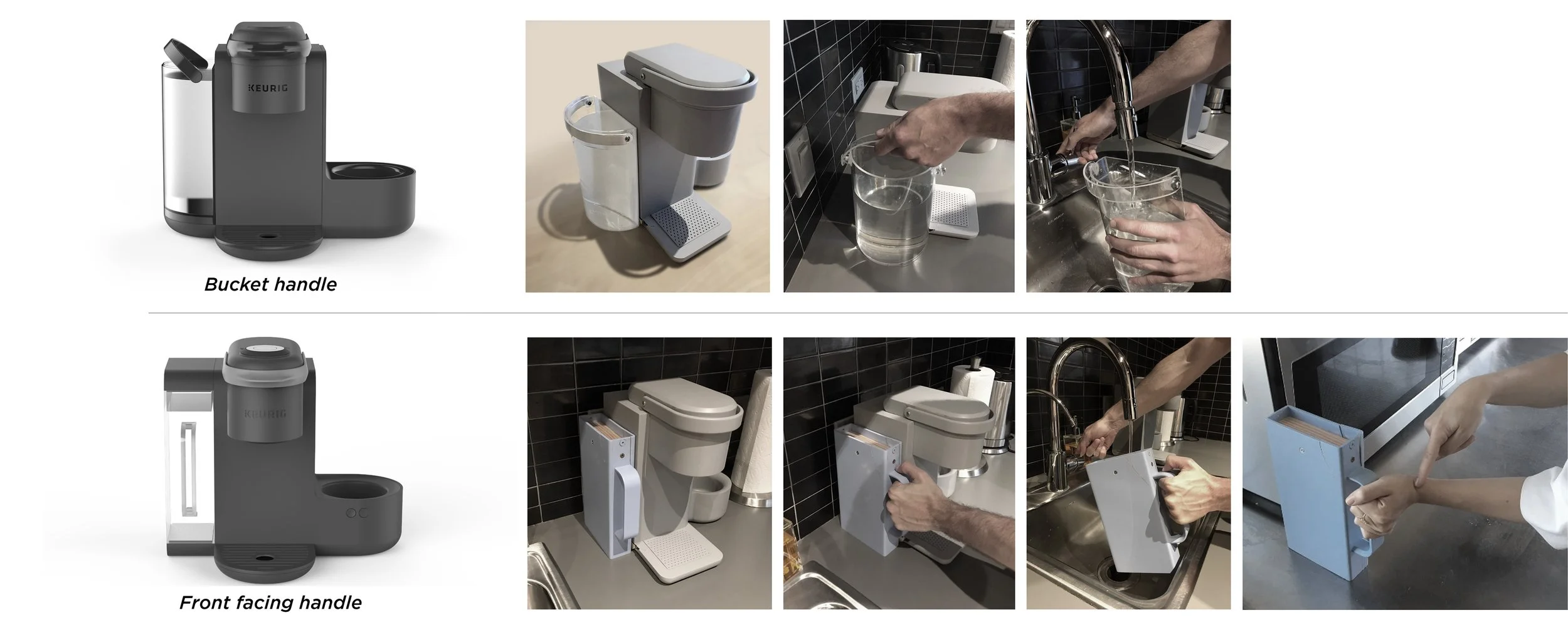 Comparison of two water dispenser models: top row shows a model with a bucket handle, bottom row shows a model with a front-facing handle. Each row includes images of the dispenser's handle type, filling a water container, and cleaning or replacing parts.