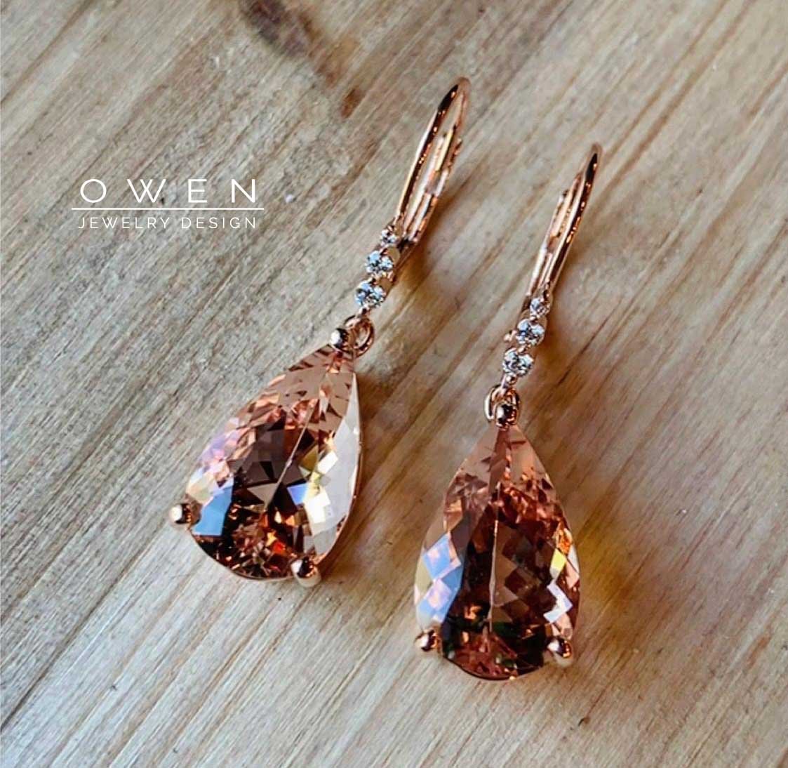 CUSTOM ROSE GOLD EARRINGS WITH BRAZILIAN MORGANITE AND ROUND BRILLIANT CUT ACCENT DIAMONDS.jpg