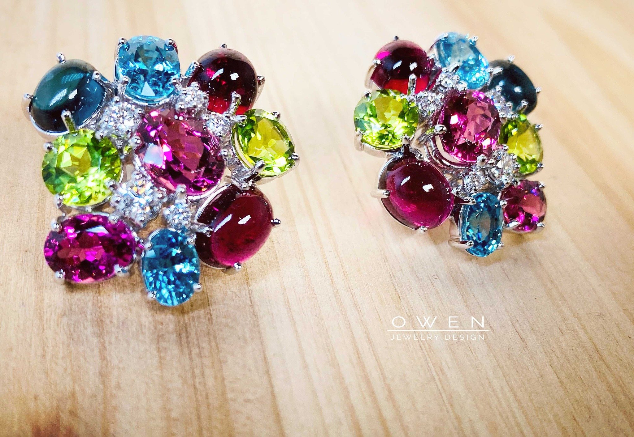 CUSTOM WHITE GOLD EARRINGS WITH RUBELLITE, PINK TOURMALINE, INDICOLITE TOURMALINE, PERIDOT, BLUE ZIRCON, AND BRILLIANT CUT DIAMONDS.jpg
