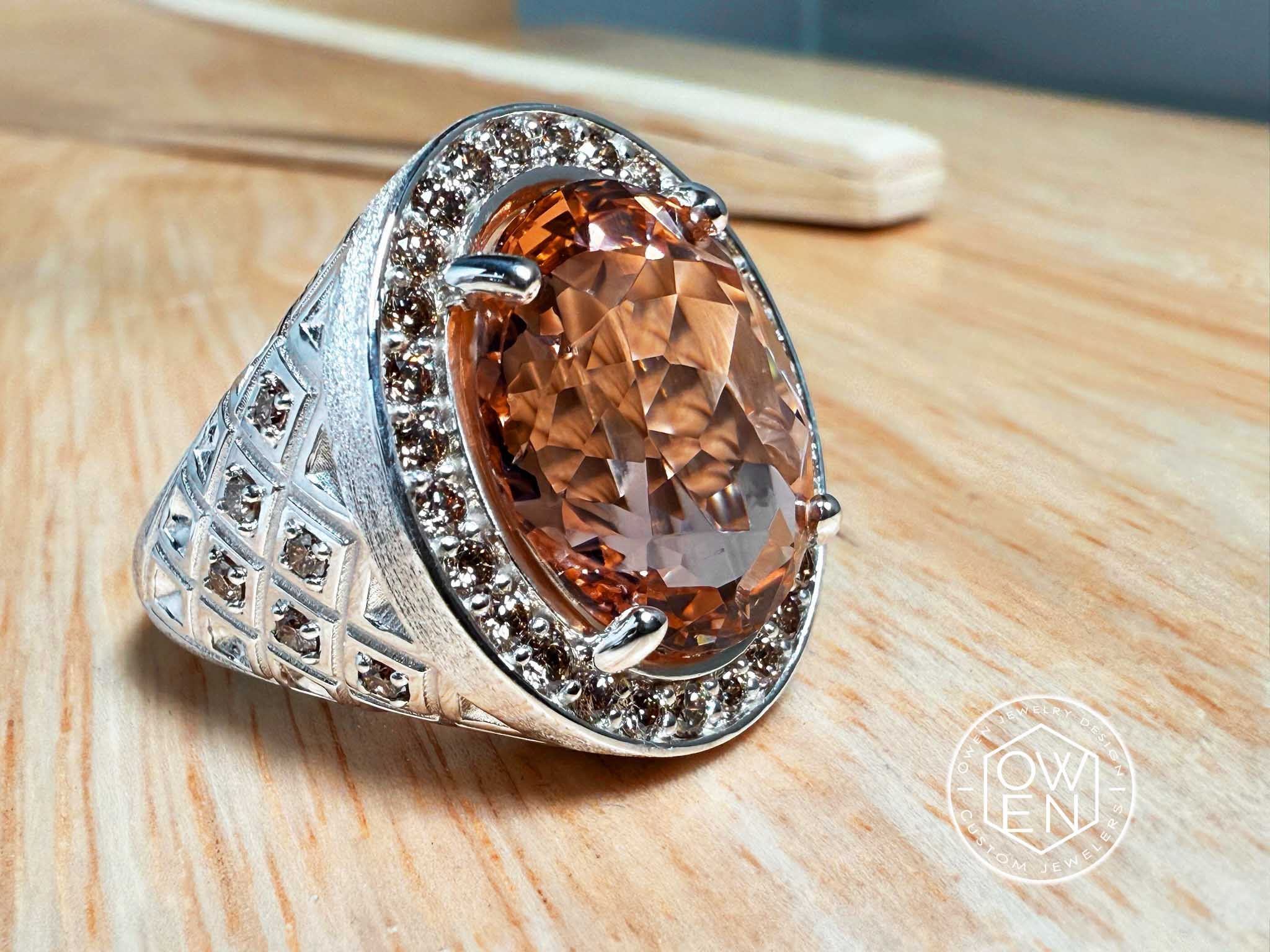 CUSTOM STERLING SILVER RING WITH PEACHY MORGANITE AND ROUND BRILLIANT CUT DIAMONDS.jpg