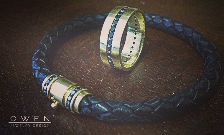 CUSTOM YELLOW GOLD AND BLACK RING AND LEATHER BRACELET WITH A MATCHING YELLOW GOLD BLACK DIAMOND BARREL CLASP.jpg
