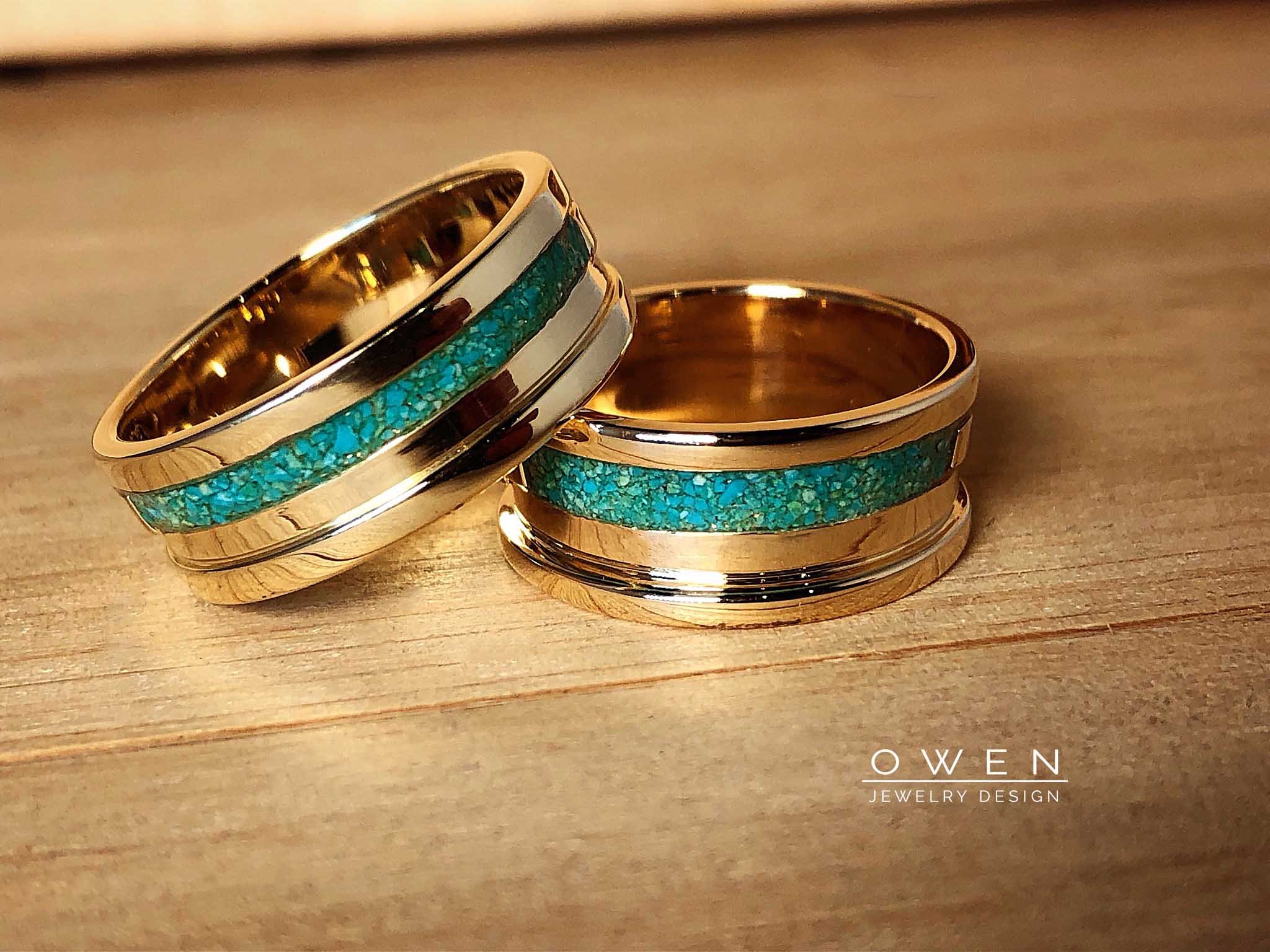 CUSTOM YELLOW GOLD BANDS WITH A CRUSHED TURQUOISE INLAY.jpg