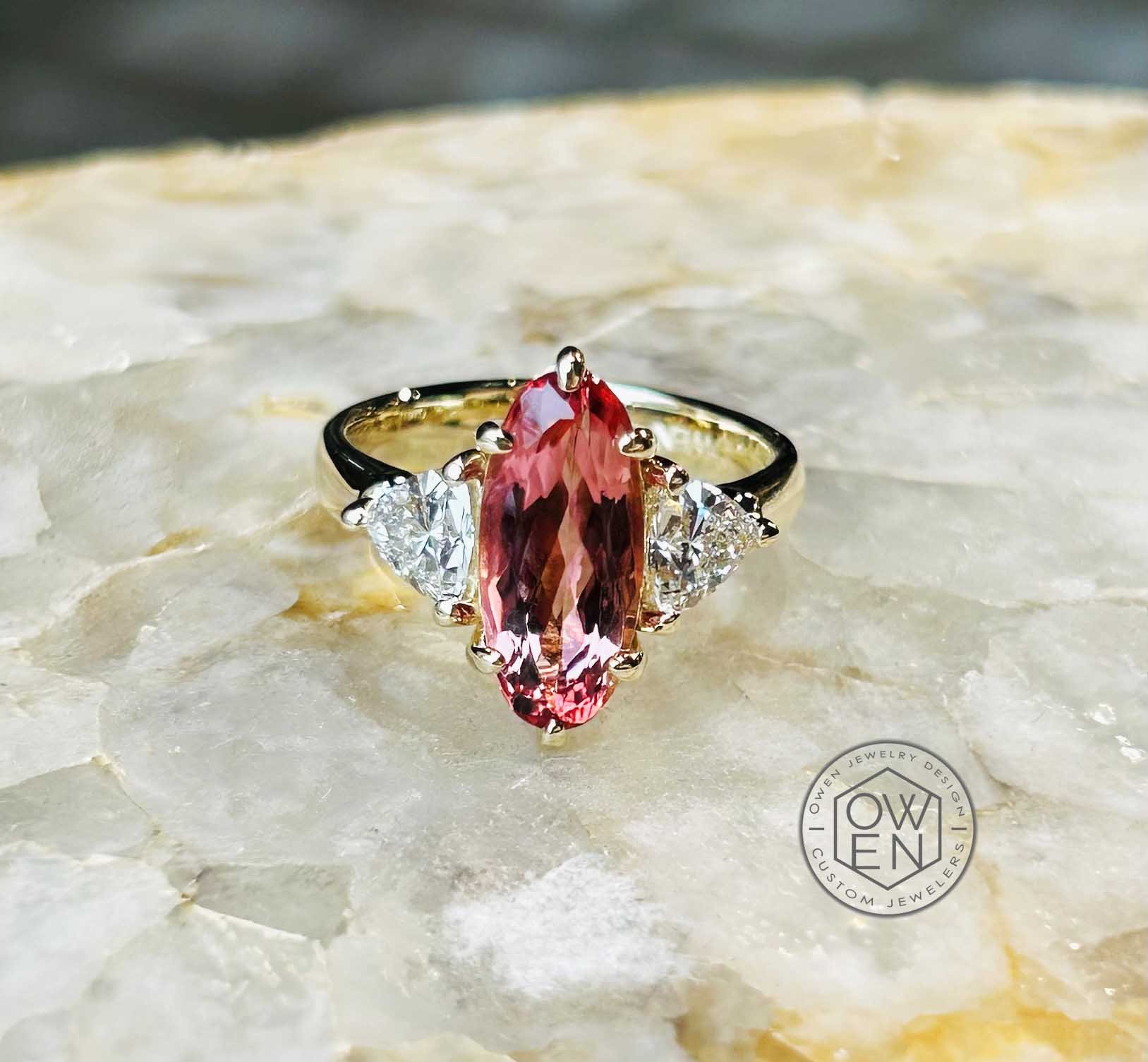 CUSTOM YELLOW GOLD RING WITH BRAZILIAN IMPERIAL TOPAZ AND TRILLION SHAPE DIAMONDS.jpg