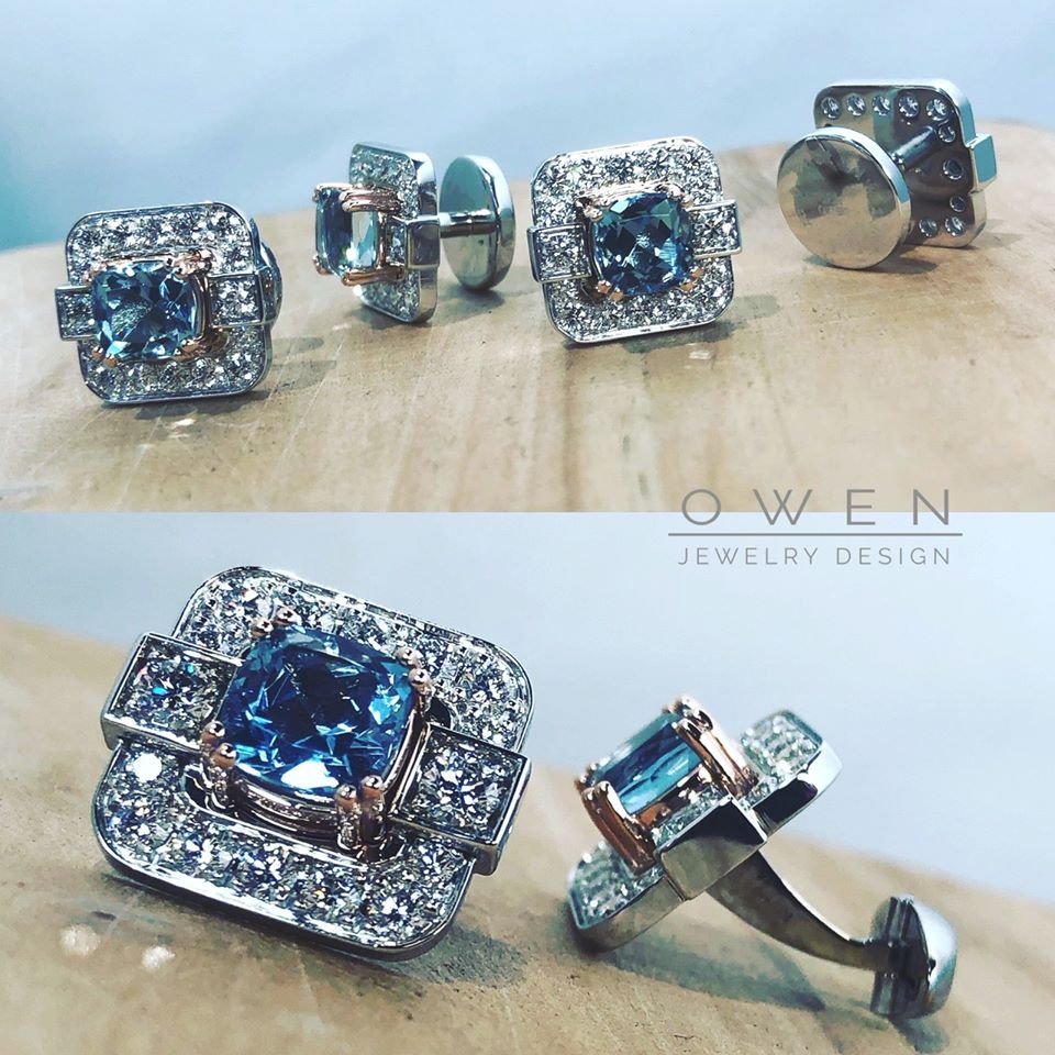 CUSTOM WHITE AND ROSE GOLD MATCHING TUXEDO BUTTONS AND CUFFLINKS WITH AQUAMARINE AND ROUND BRILLIANT CUT DIAMONDS.jpg