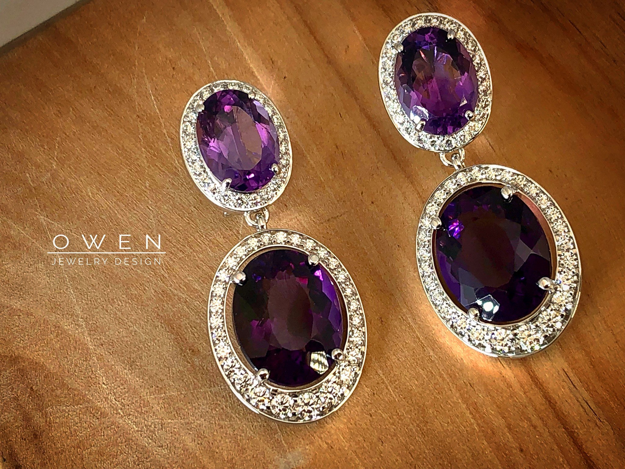 CUSTOM WHITE GOLD EARRINGS WITH AMETHYST AND ROUND CUT ACCENT DIAMONDS.jpg
